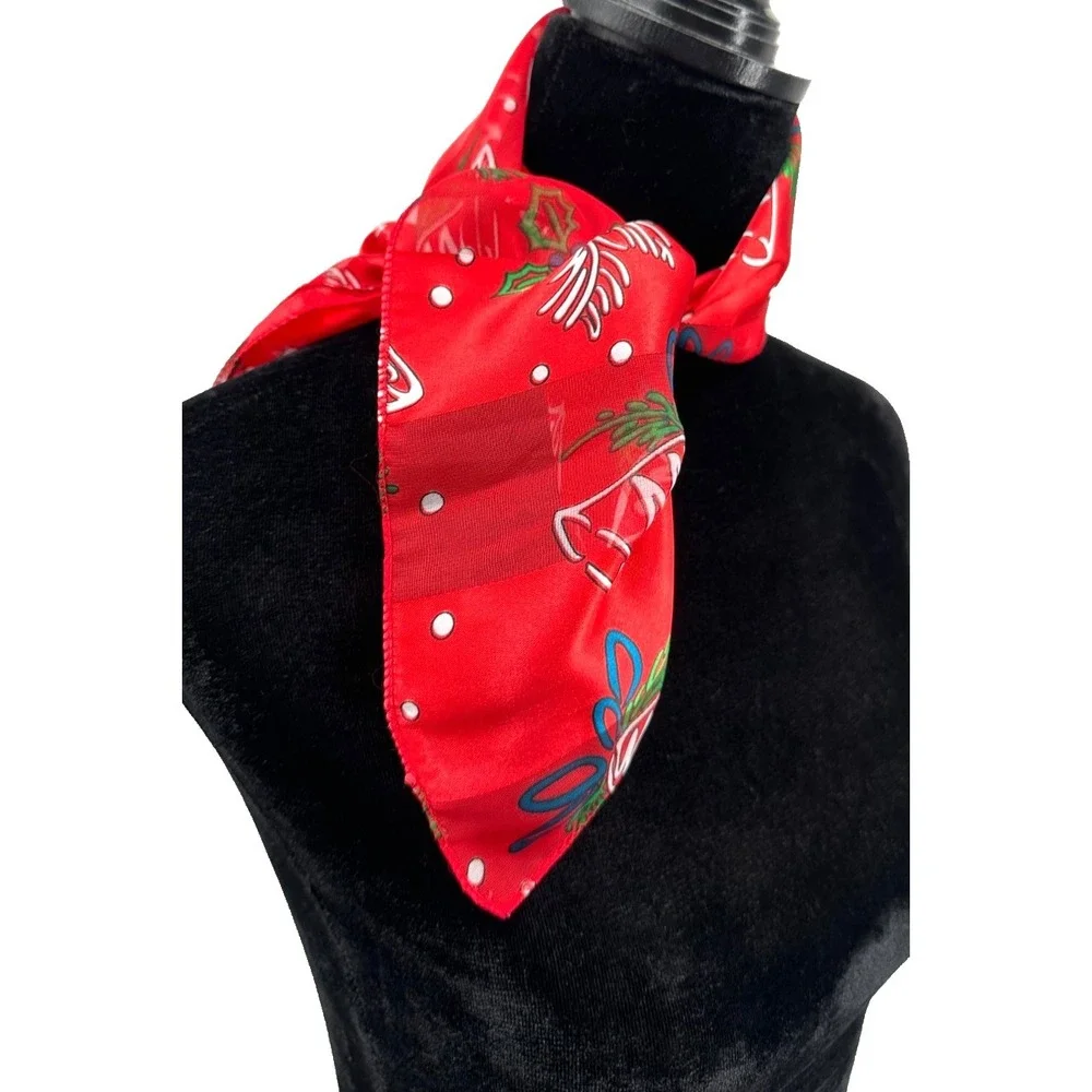 Classic Womens Red Tone‎ On Tone Stripe Holiday Silver Bells Square Scarf Korea